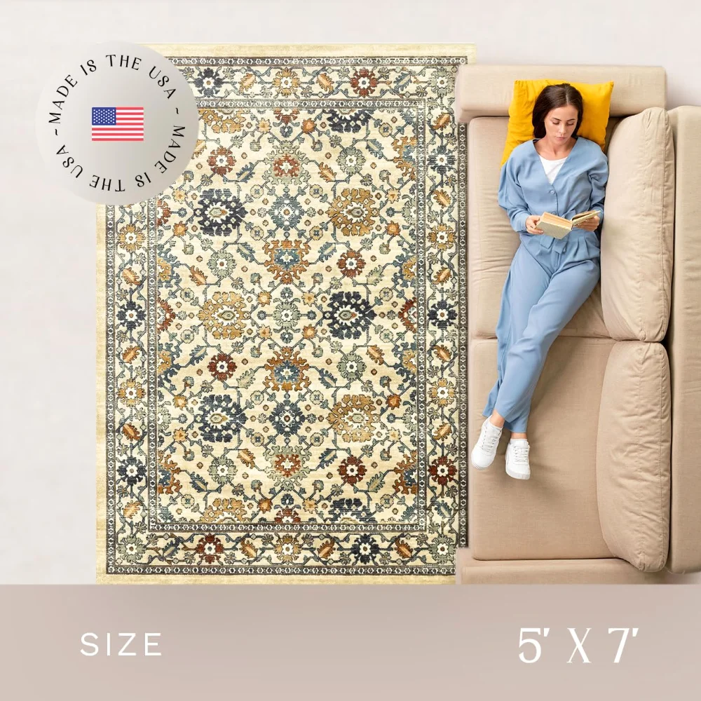 Benton Oriental Area Rug, 4'9" x 7', Beige, view 3