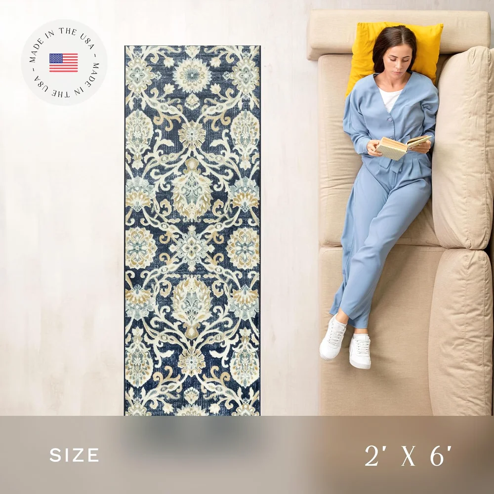 Blooming Damask Runner, 2' x 6', Navy, view 3