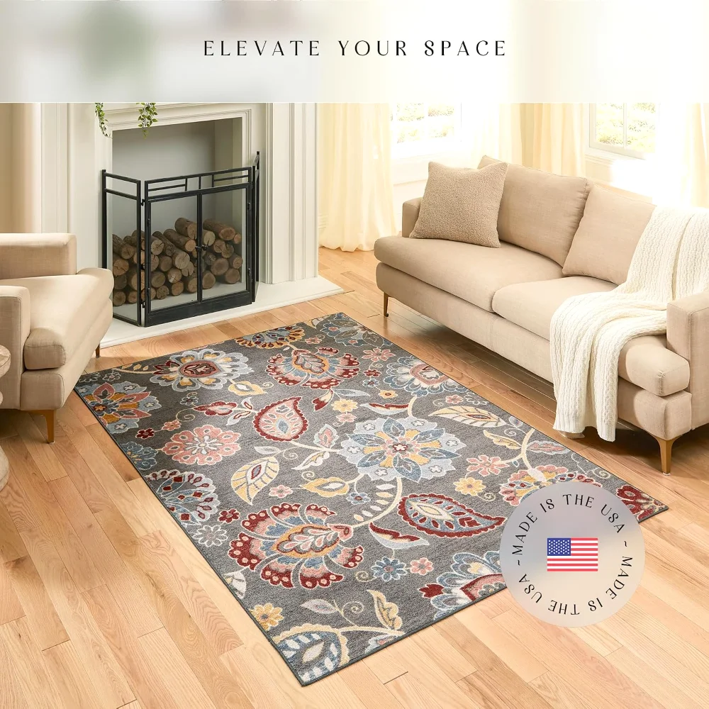 Gardena Floral Area Rug, 4'9" x 7', Grey, view 3