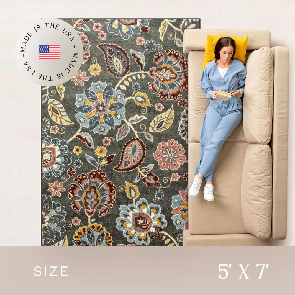 Gardena Floral Area Rug, 4'9" x 7', Grey, view 4