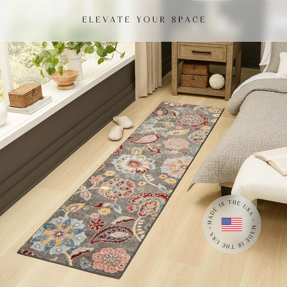 Gardena Floral Runner, 2' x 8', Grey, view 3