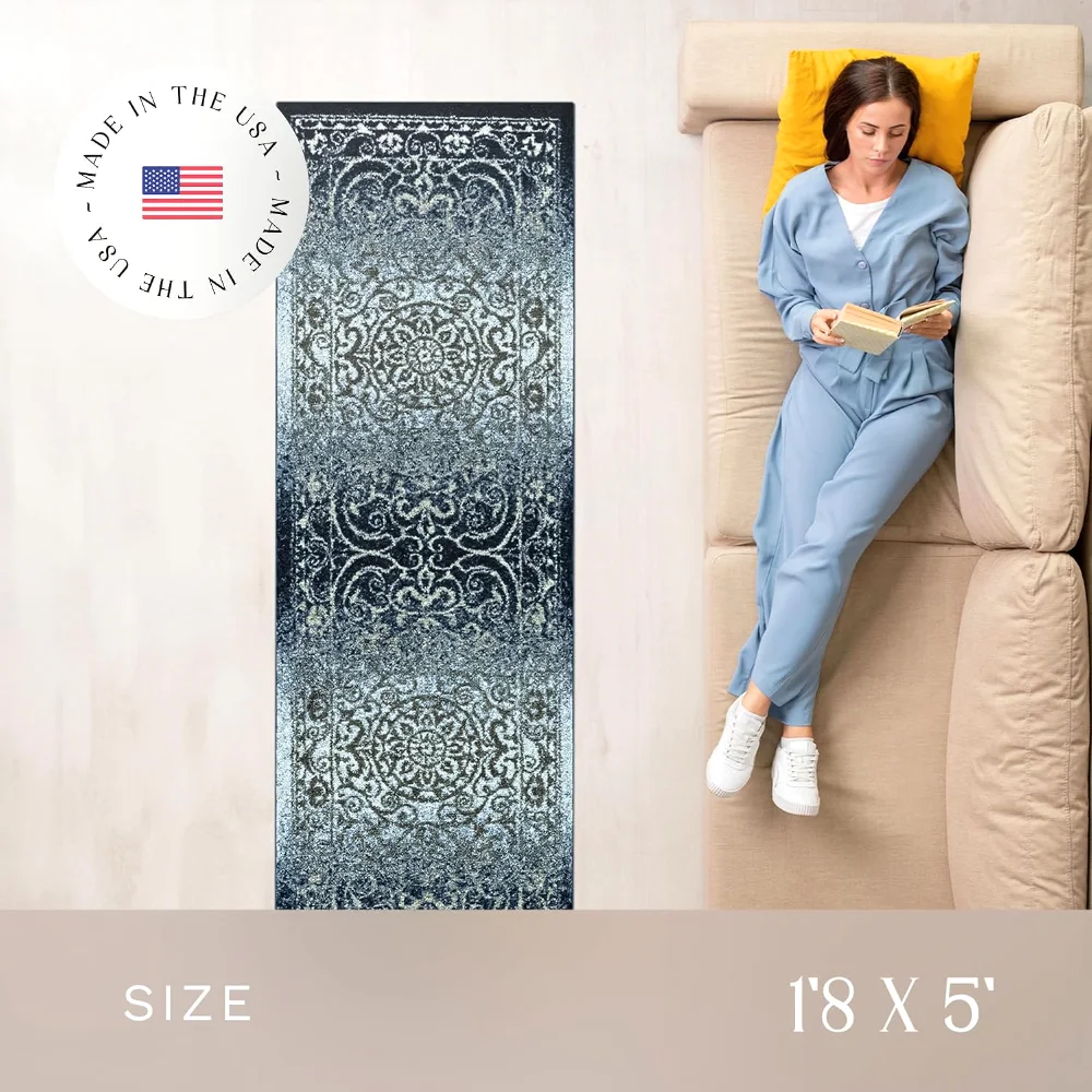 Pelham Vintage Medallion Runner, 1'8" x 5', Navy, view 4
