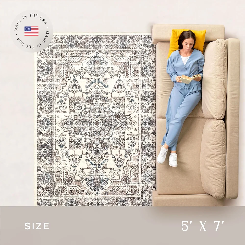 Tapestry Farmhouse Area Rug, 4'9" x 7', Taupe, view 4